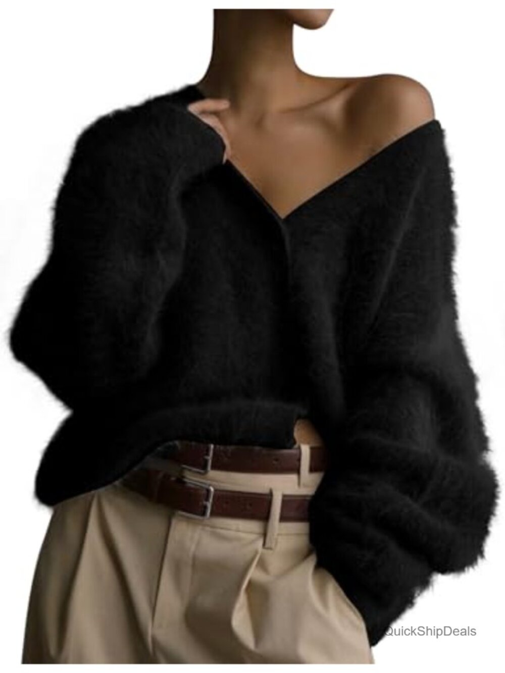 Womens Fuzzy Cardigan Sweater V Neck Button Down Soft Knit Coat